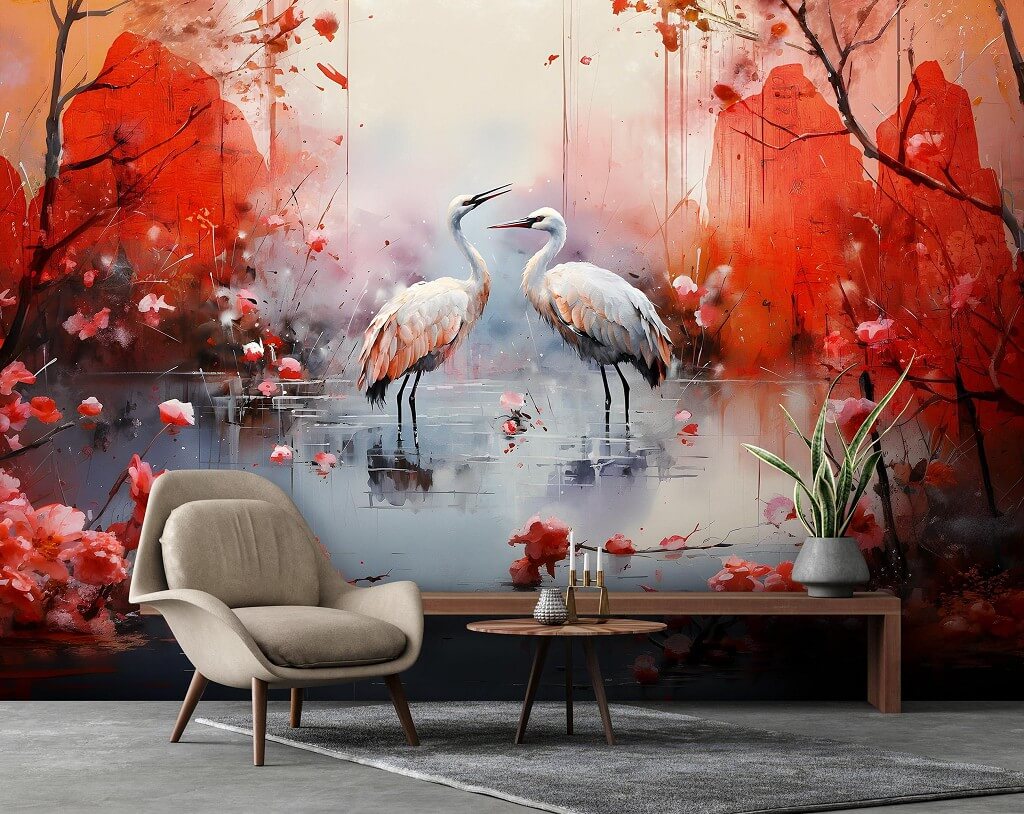 Wild Cranes Red Background Art Non-woven Photo Wallpaper (W x H) 312 cm x 219 cm (123" x 86")