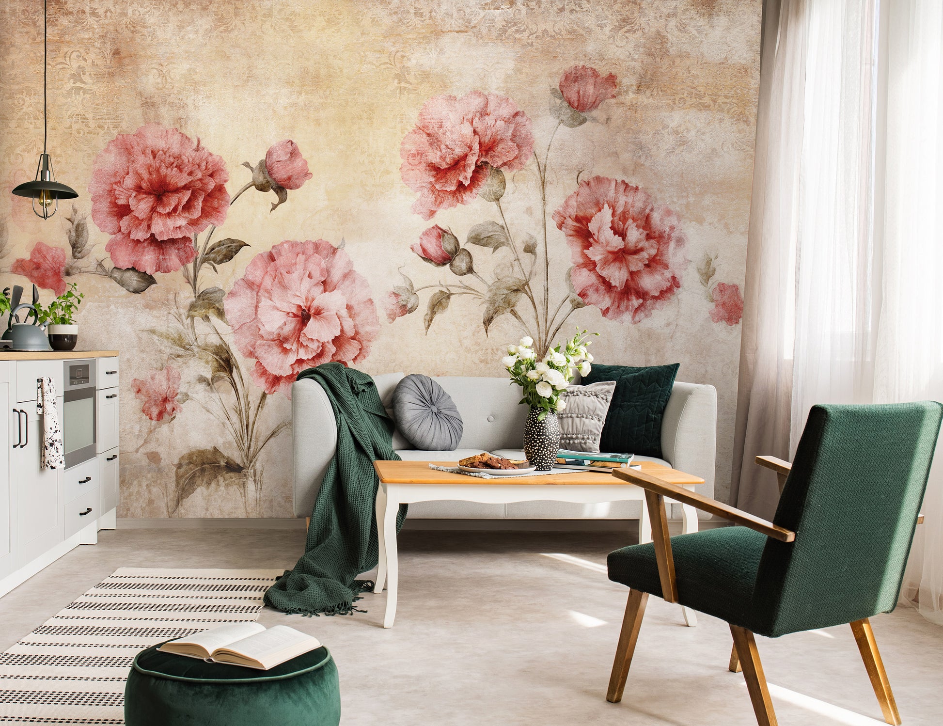 Living room with floral wall mural, green armchair, and white sofa.