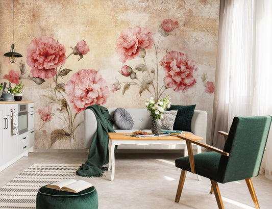 Living room with floral wall mural, green armchair, and white sofa.