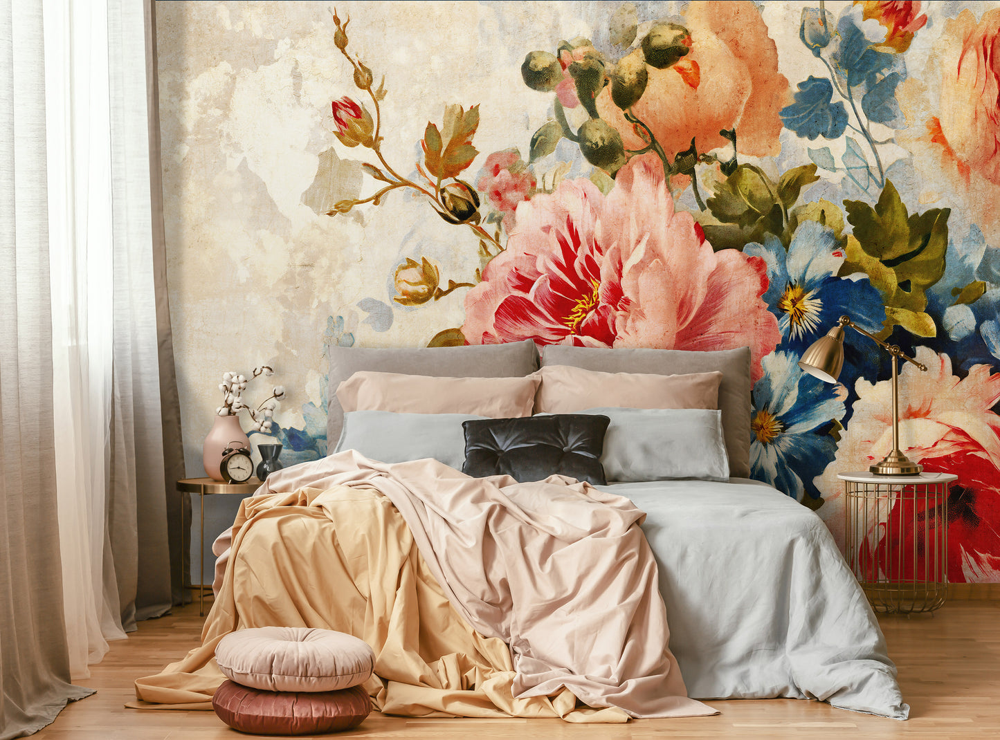 Bedroom with floral wallpaper and soft bedding