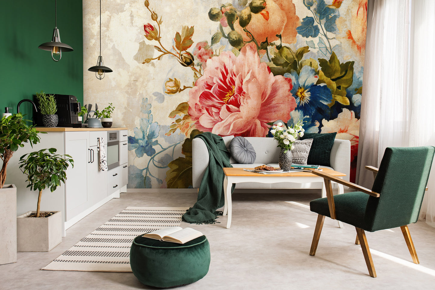 Modern living room with floral wallpaper, green chair, and decorative plants.