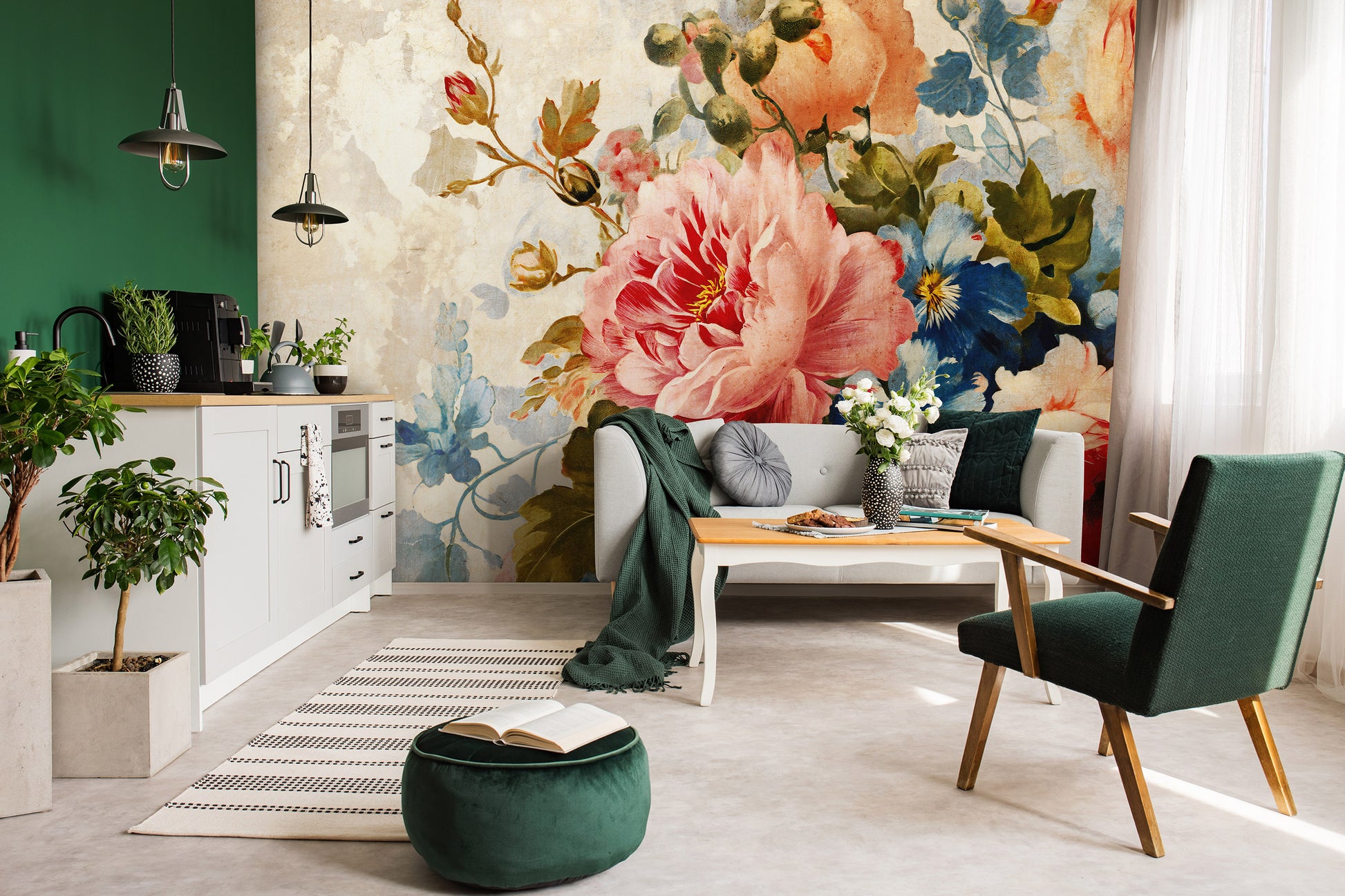 Modern living room with floral wallpaper, green chair, and decorative plants.