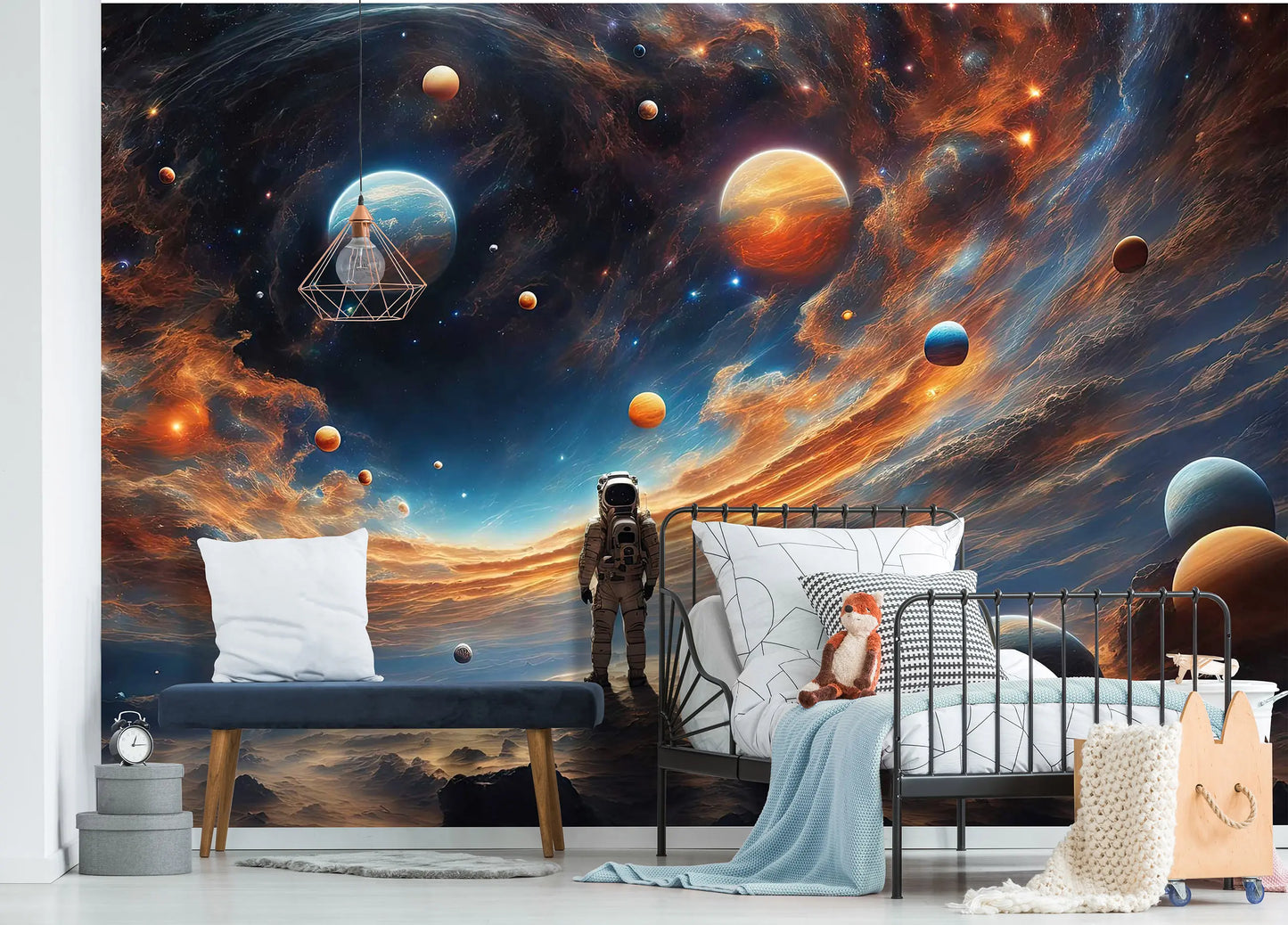Room interior with a space-themed wall mural featuring planets and an astronaut.