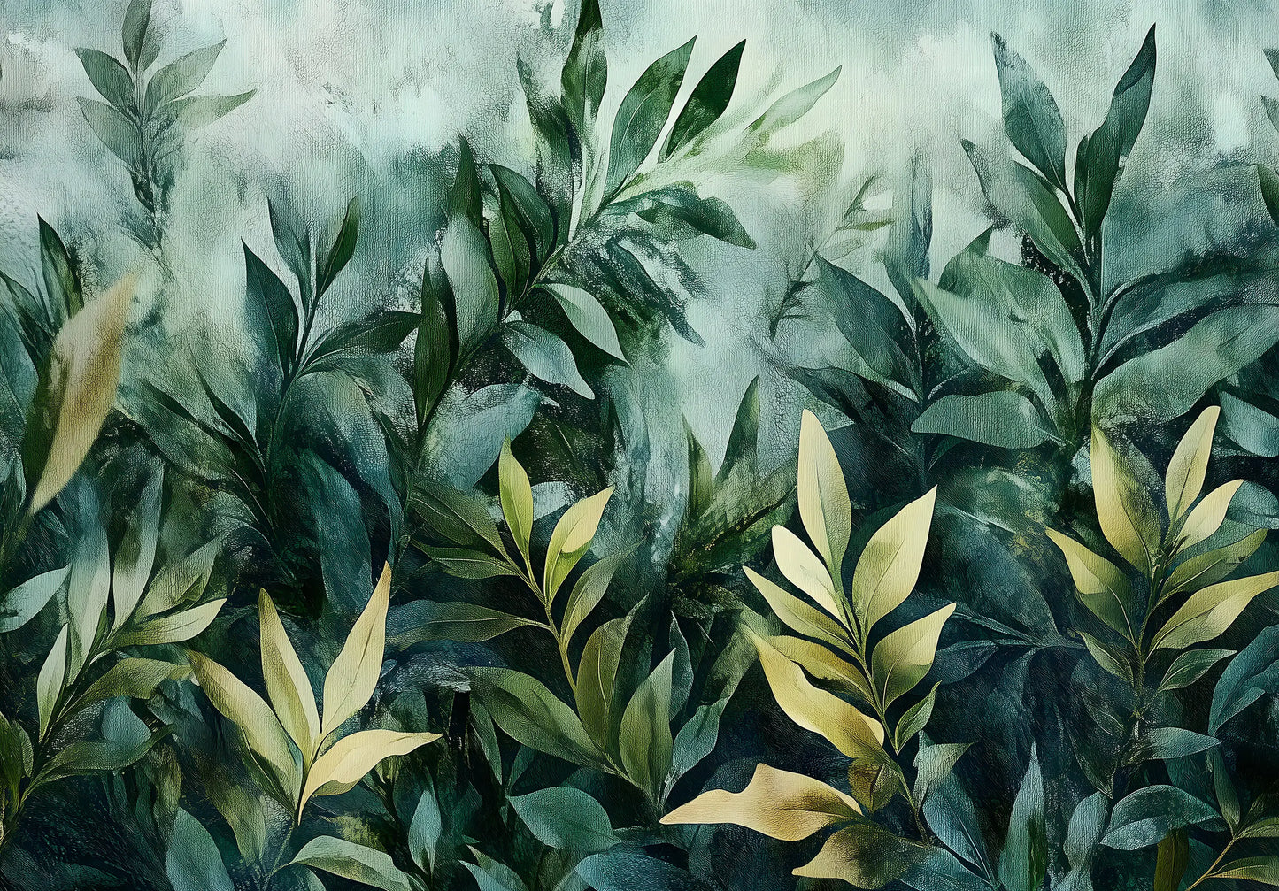 Artistic depiction of green leaves with a watercolor texture