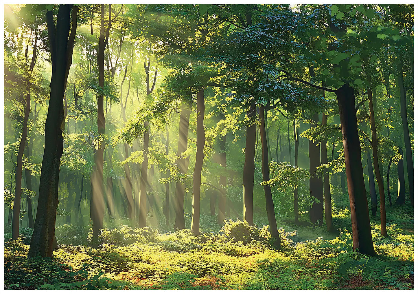 Sunlight filtering through trees in a forest