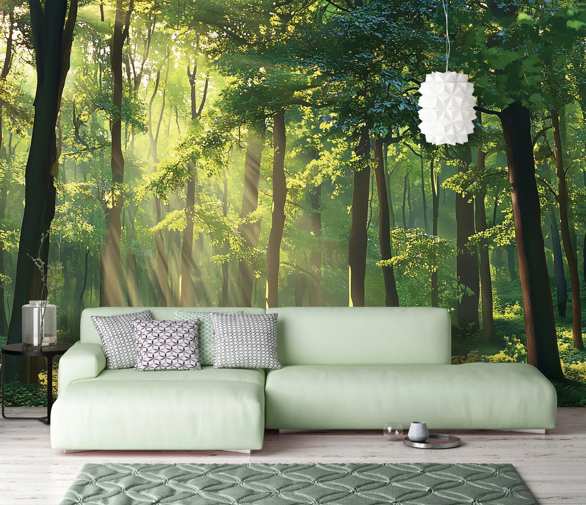 Light green sofa in a room with a forest mural on the wall