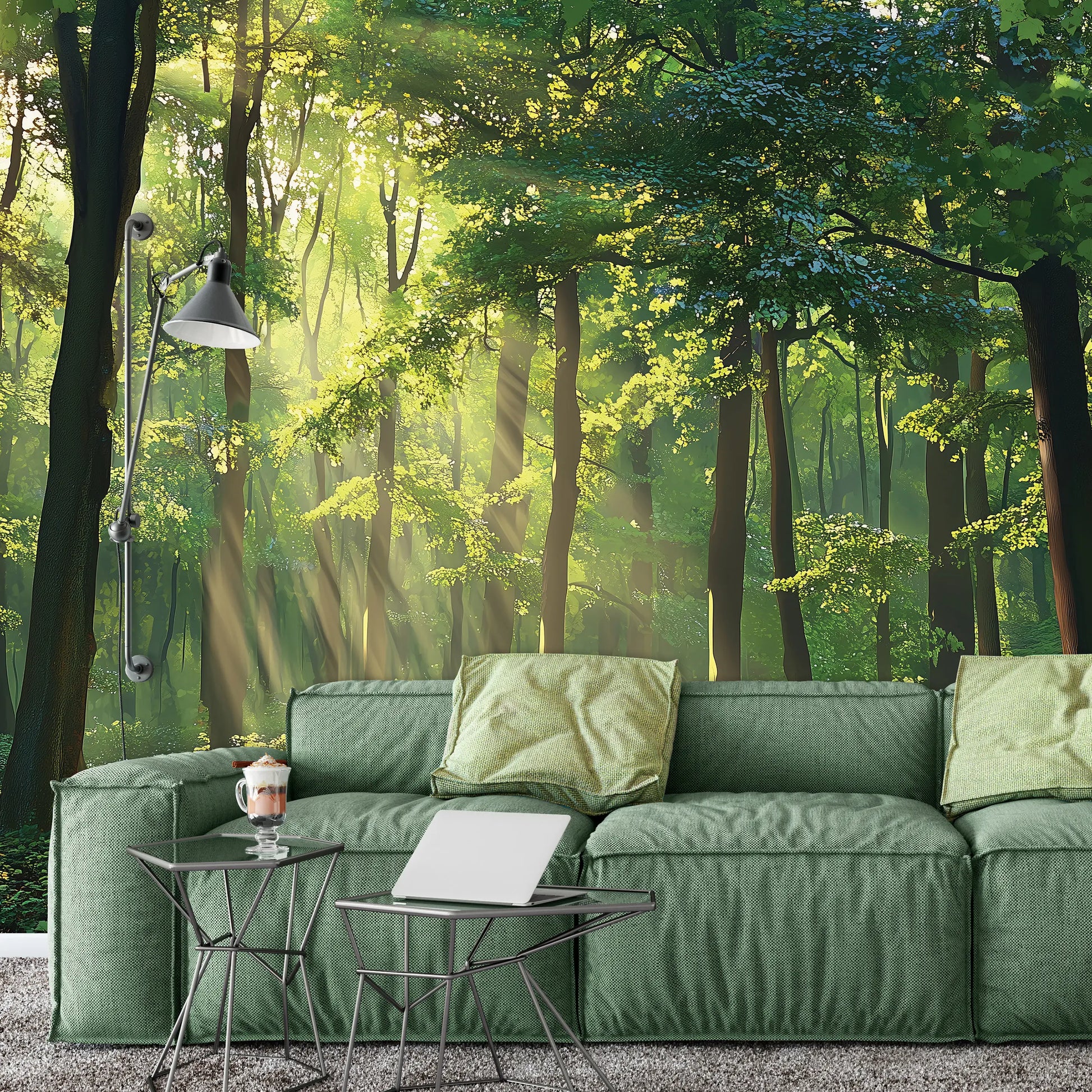 Green sofa in a room with a forest mural on the wall