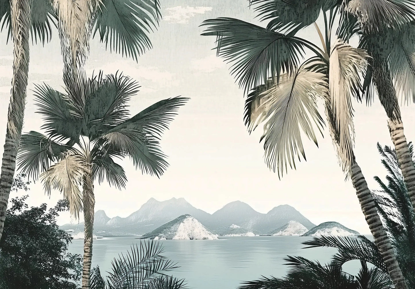 Tropical landscape with palm trees and mountains in the background wallpaper mural