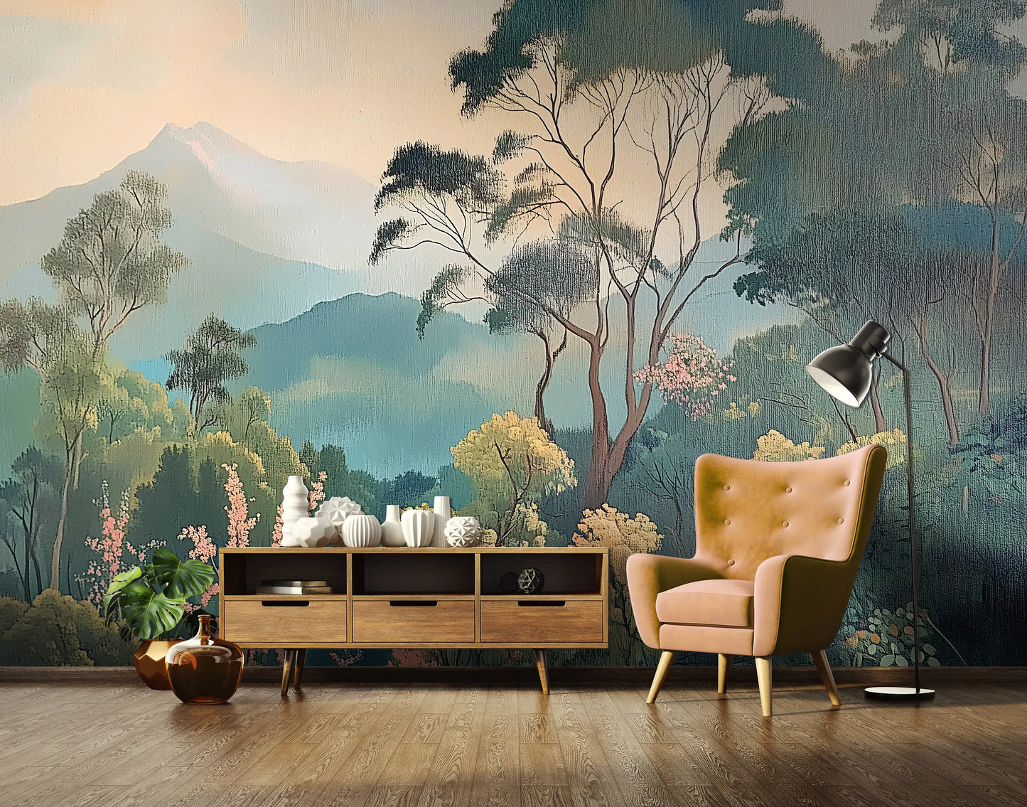 Modern living room with a scenic wall mural, wooden console table, and yellow armchair.