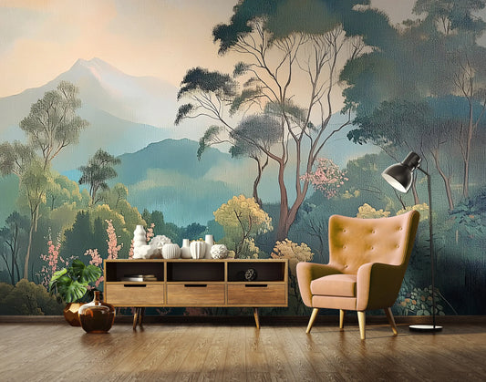 Modern living room with a scenic wall mural, wooden console table, and yellow armchair.