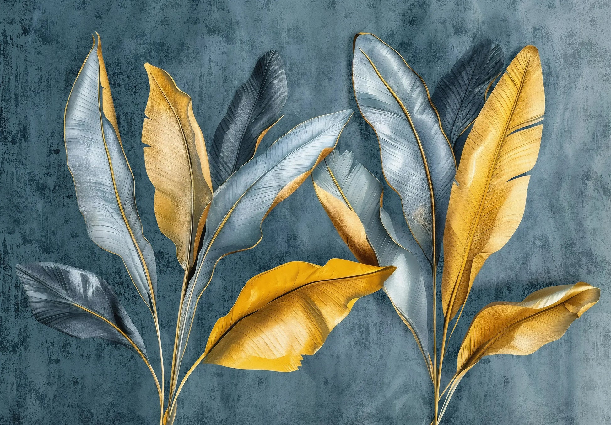 Decorative leaves in gold and silver on a textured blue background