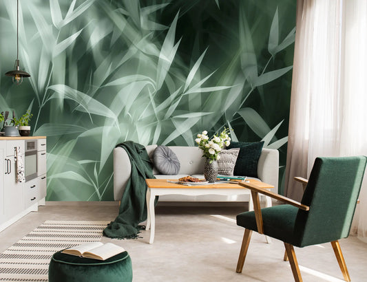 Modern living room with green leafy wallpaper, white sofa, and green armchair.