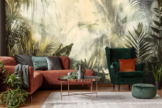 Living room with a red sofa, green armchair, and decorative plants against a tropical wall mural.