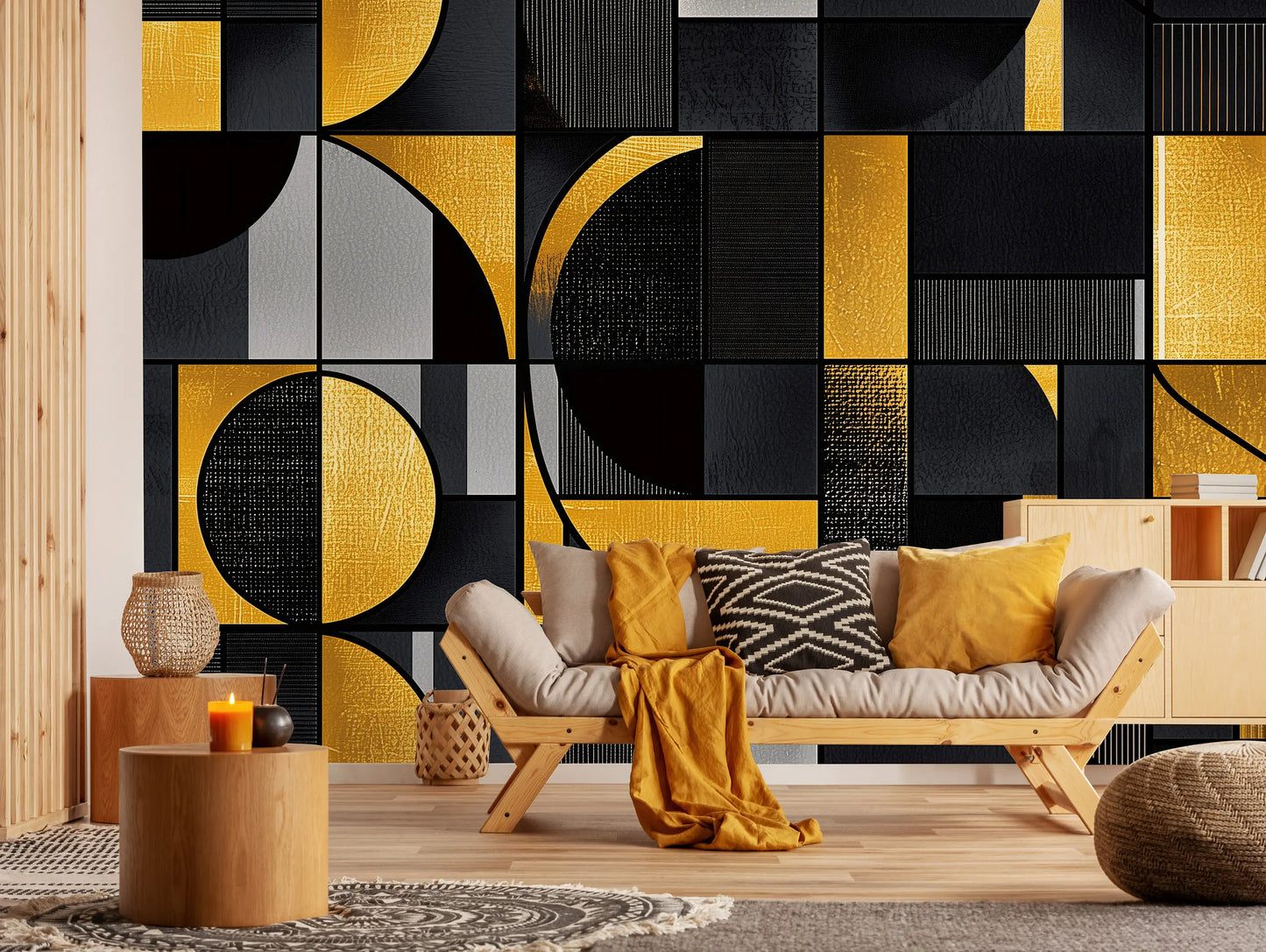 Modern living room with geometric black and yellow wall art  photo wallpaper