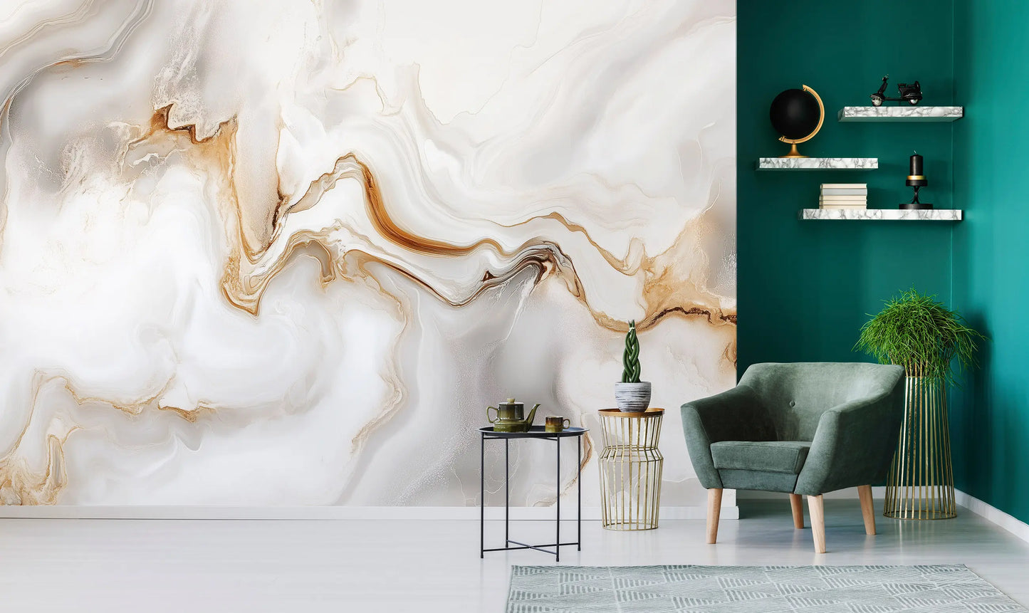 Marble Gold and White Living Room Non-woven Photo Wallpaper (W x H) 312 cm x 219 cm (123" x 86")