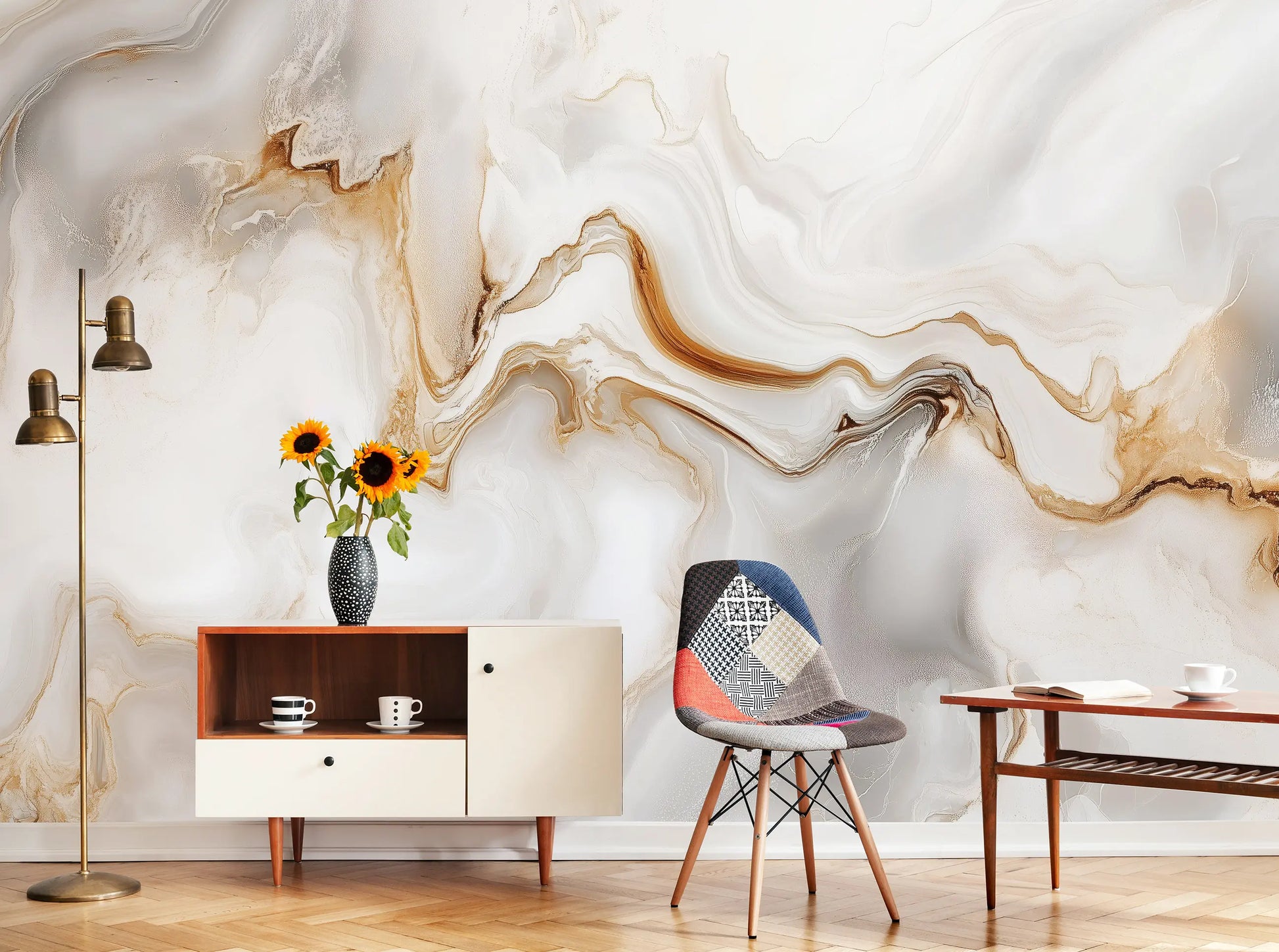 Modern interior design with a marble-patterned wall, furniture, and decor.