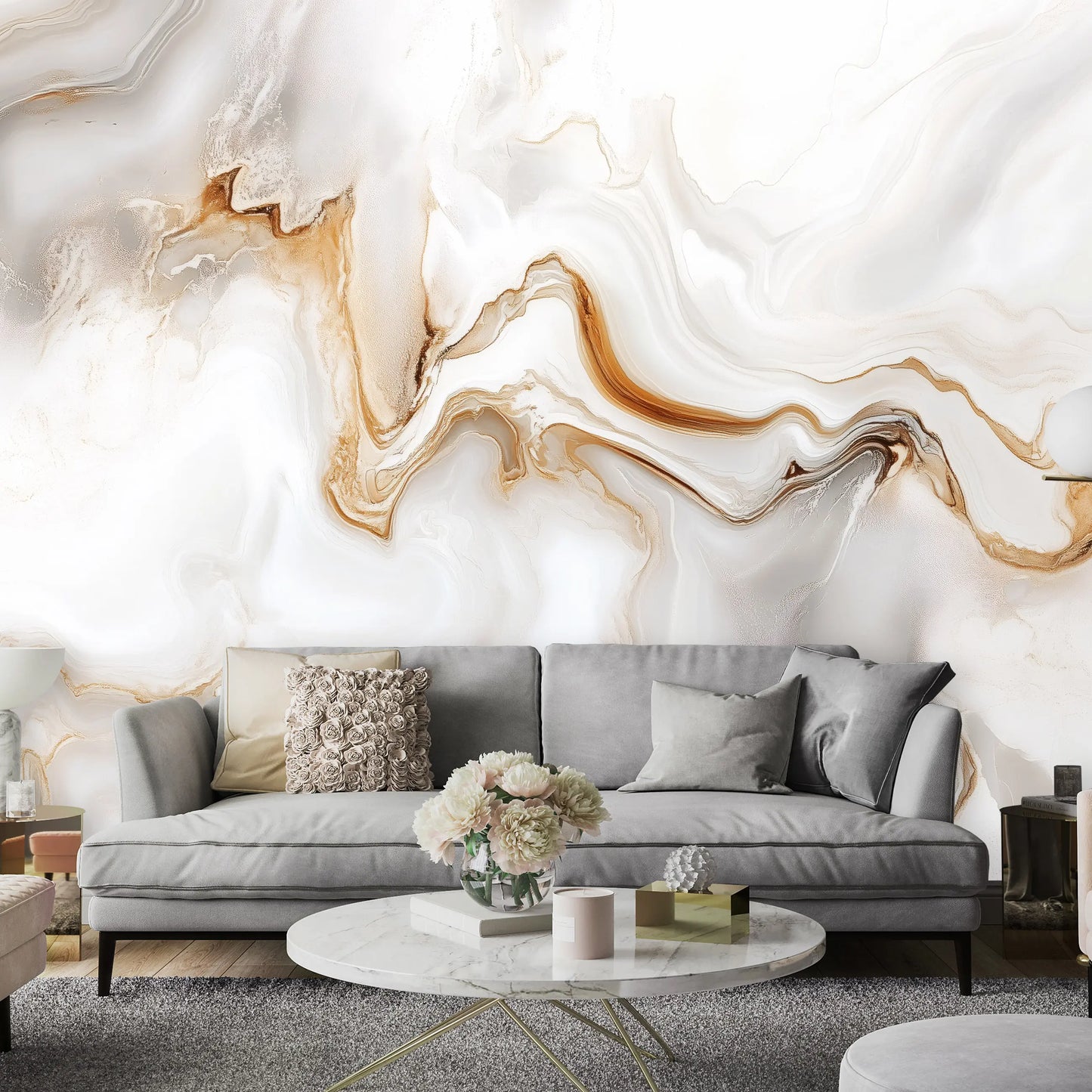 Marble Gold and White Living Room Non-woven Photo Wallpaper (W x H) 312 cm x 219 cm (123" x 86")