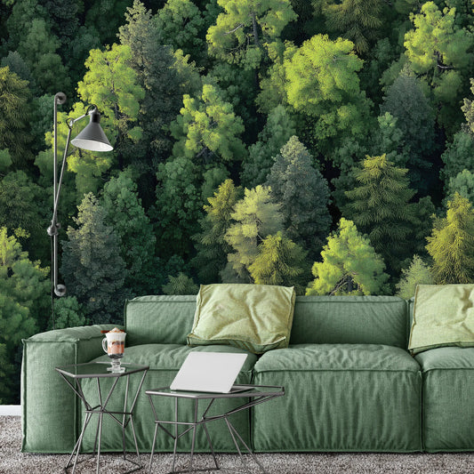 Green sofa with a forest background wallpaper