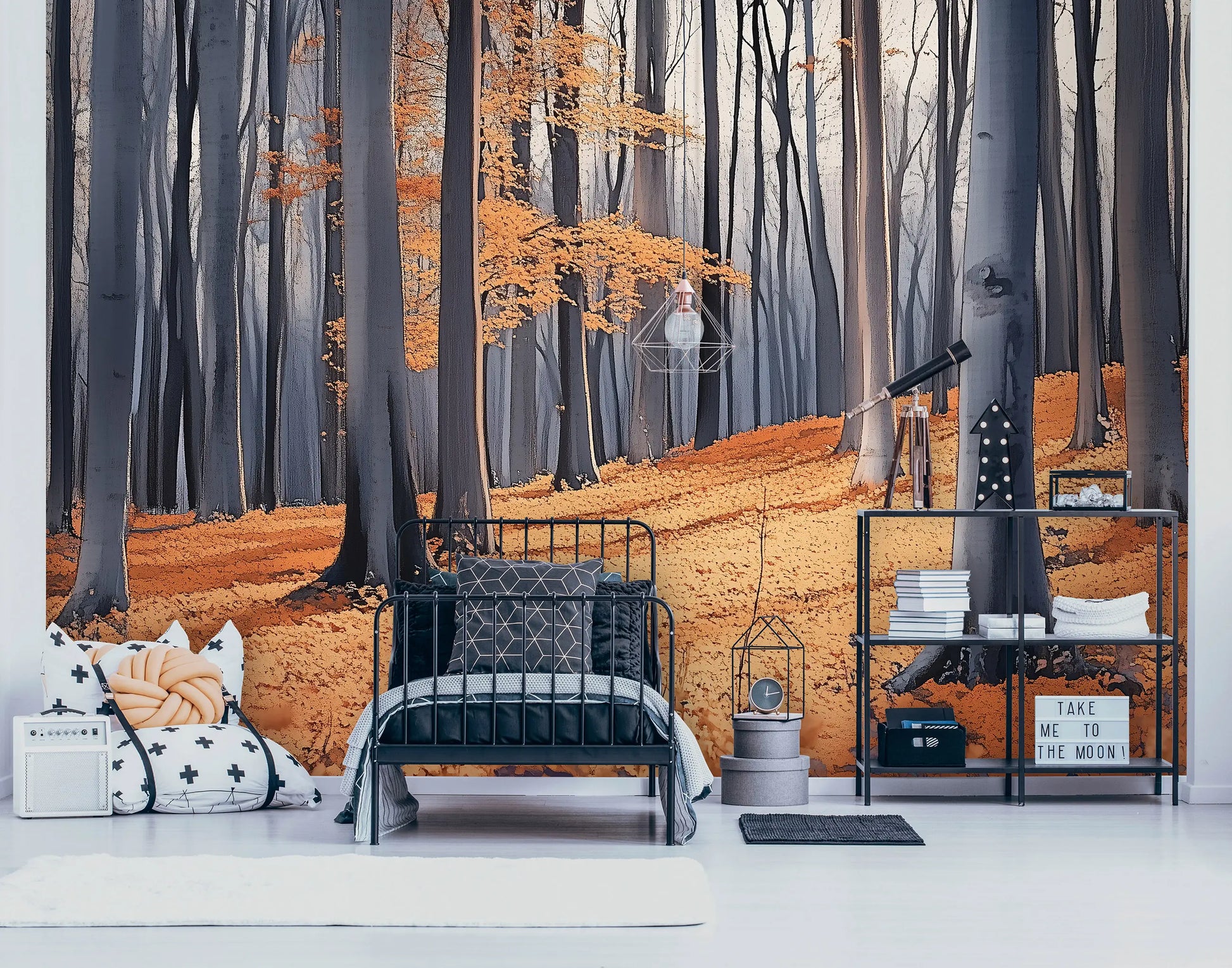 Room interior with a forest mural on the wall