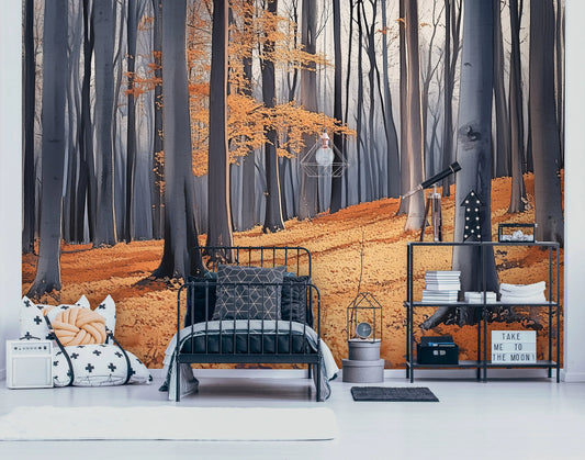 Room interior with a forest mural on the wall