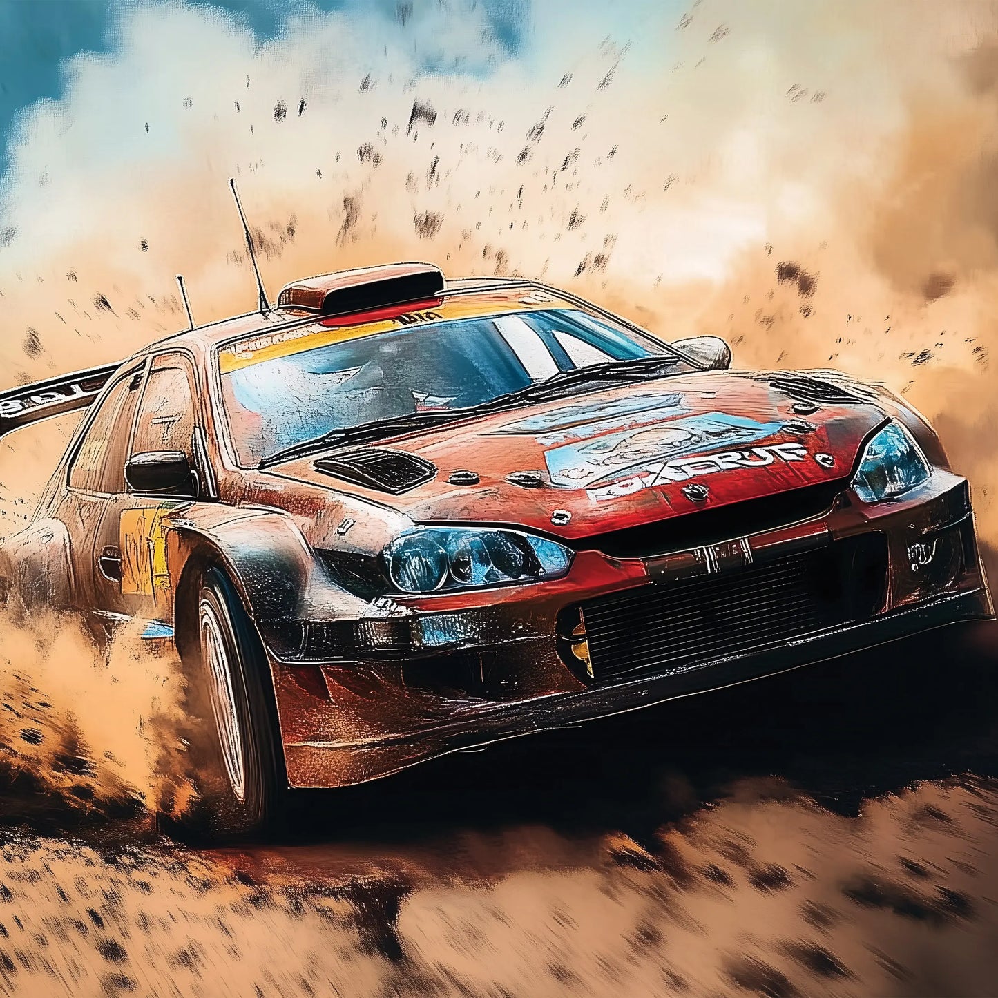 Racing car on a dirt track with dust around