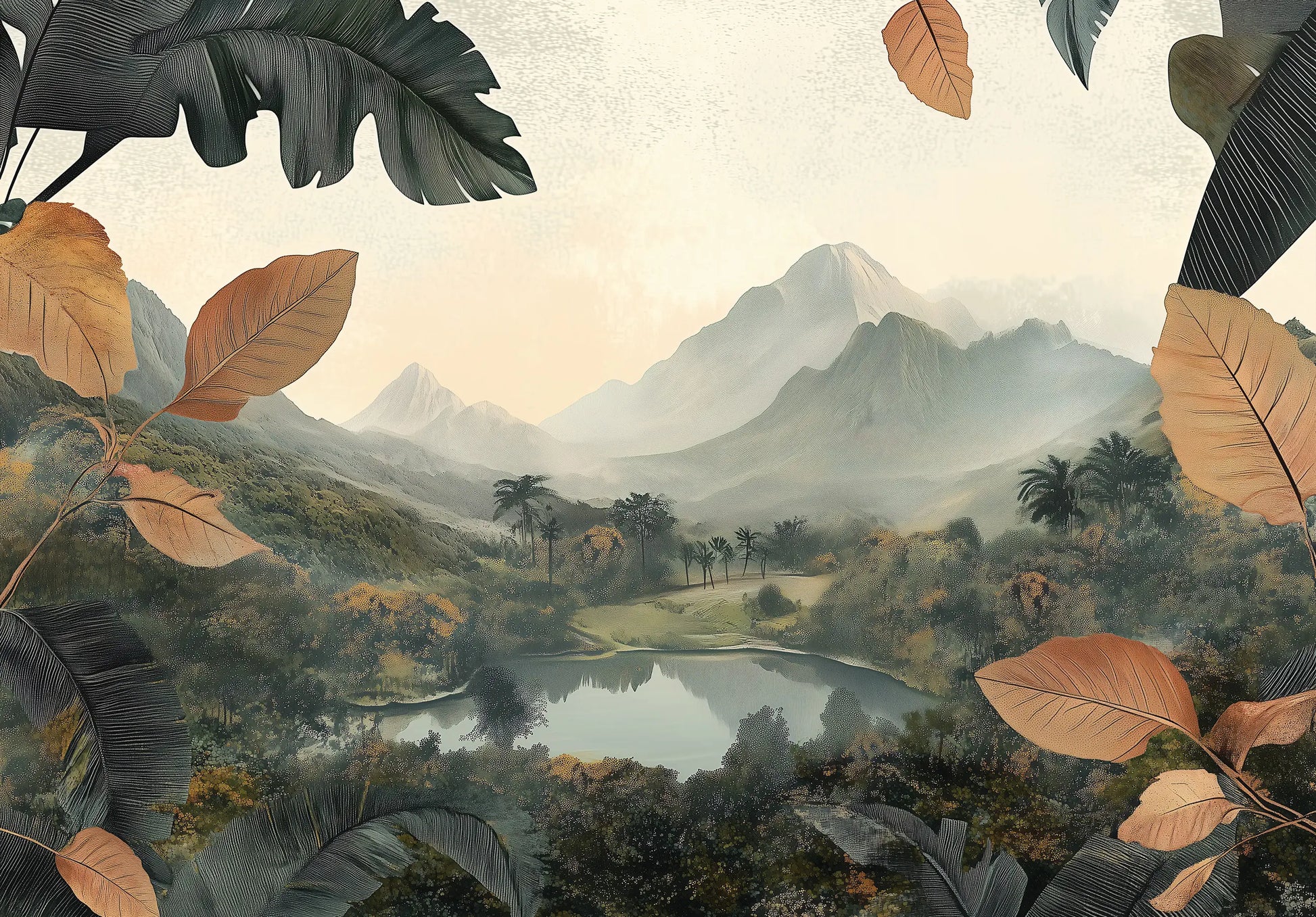 Scenic landscape with mountains, trees, and a lake, framed by leaves photo wallpaper