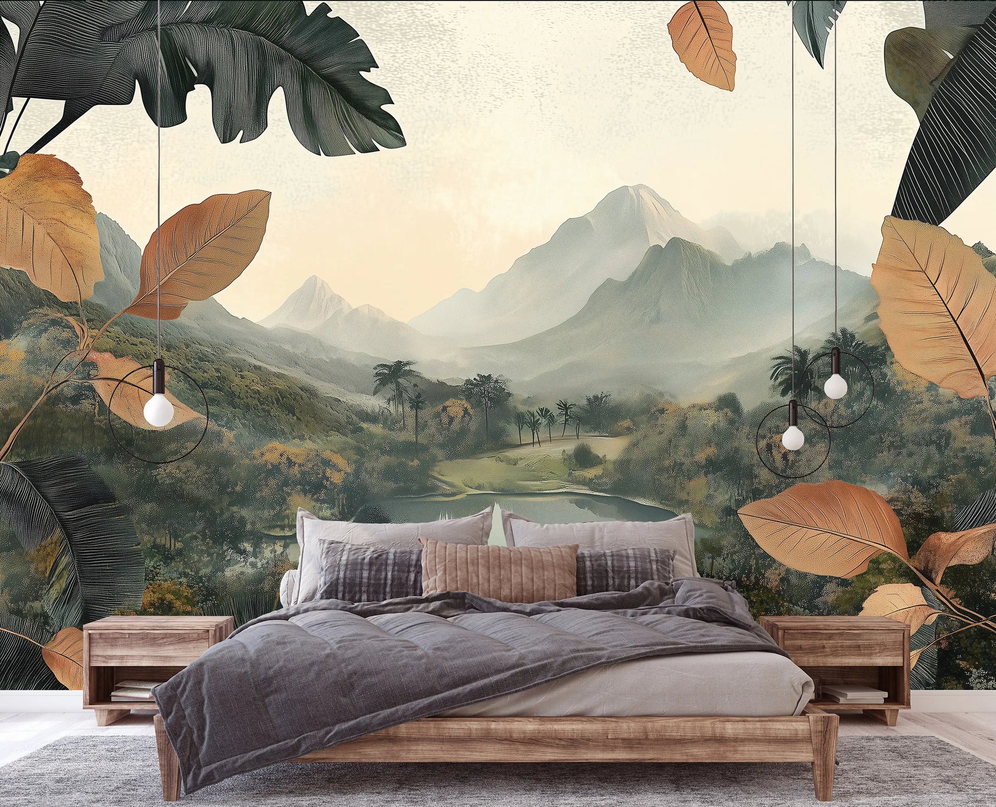 Bedroom with a large mural of a mountain landscape and leaves.