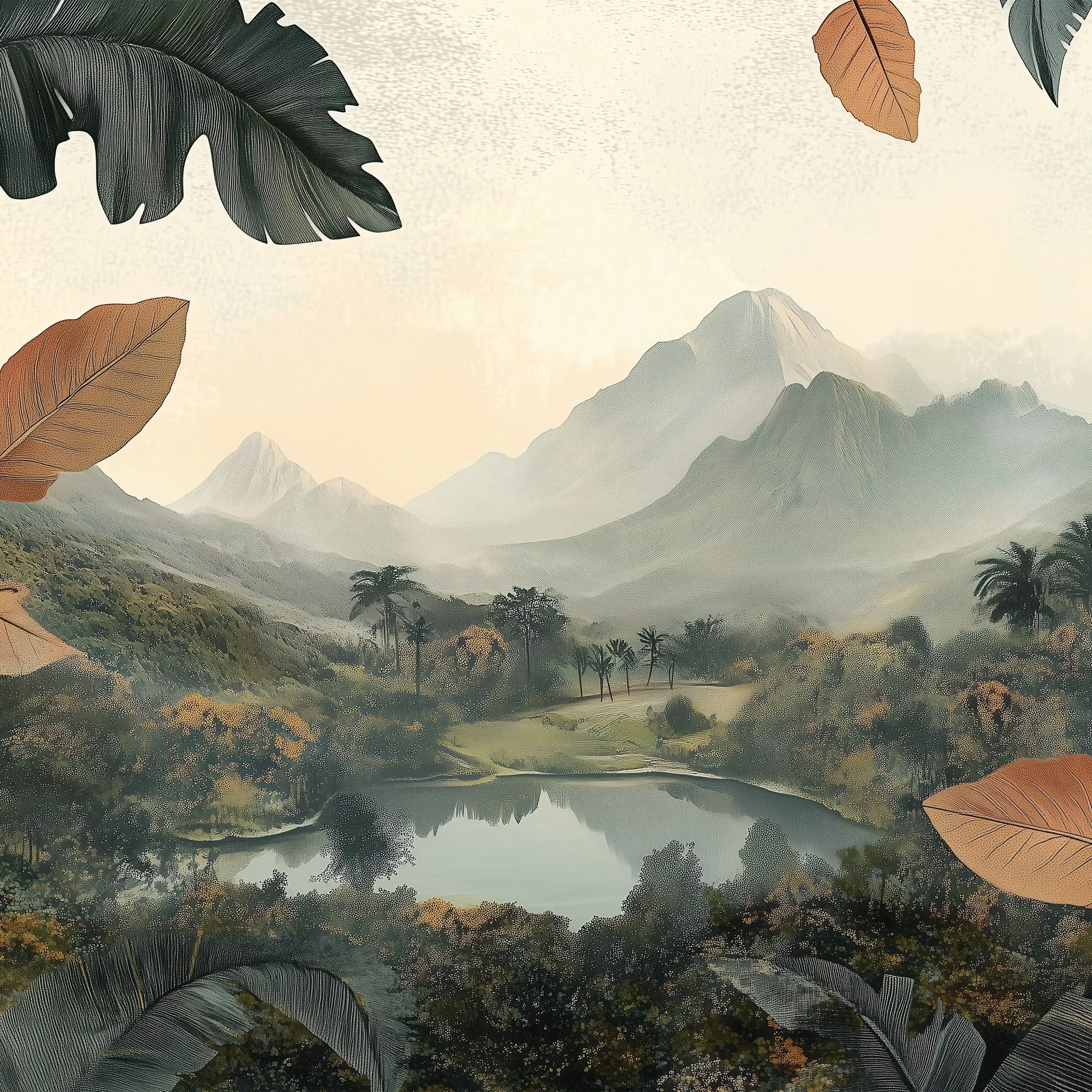 Majestic mountain landscape with a lake, surrounded by lush greenery and leaves photo wallpaper