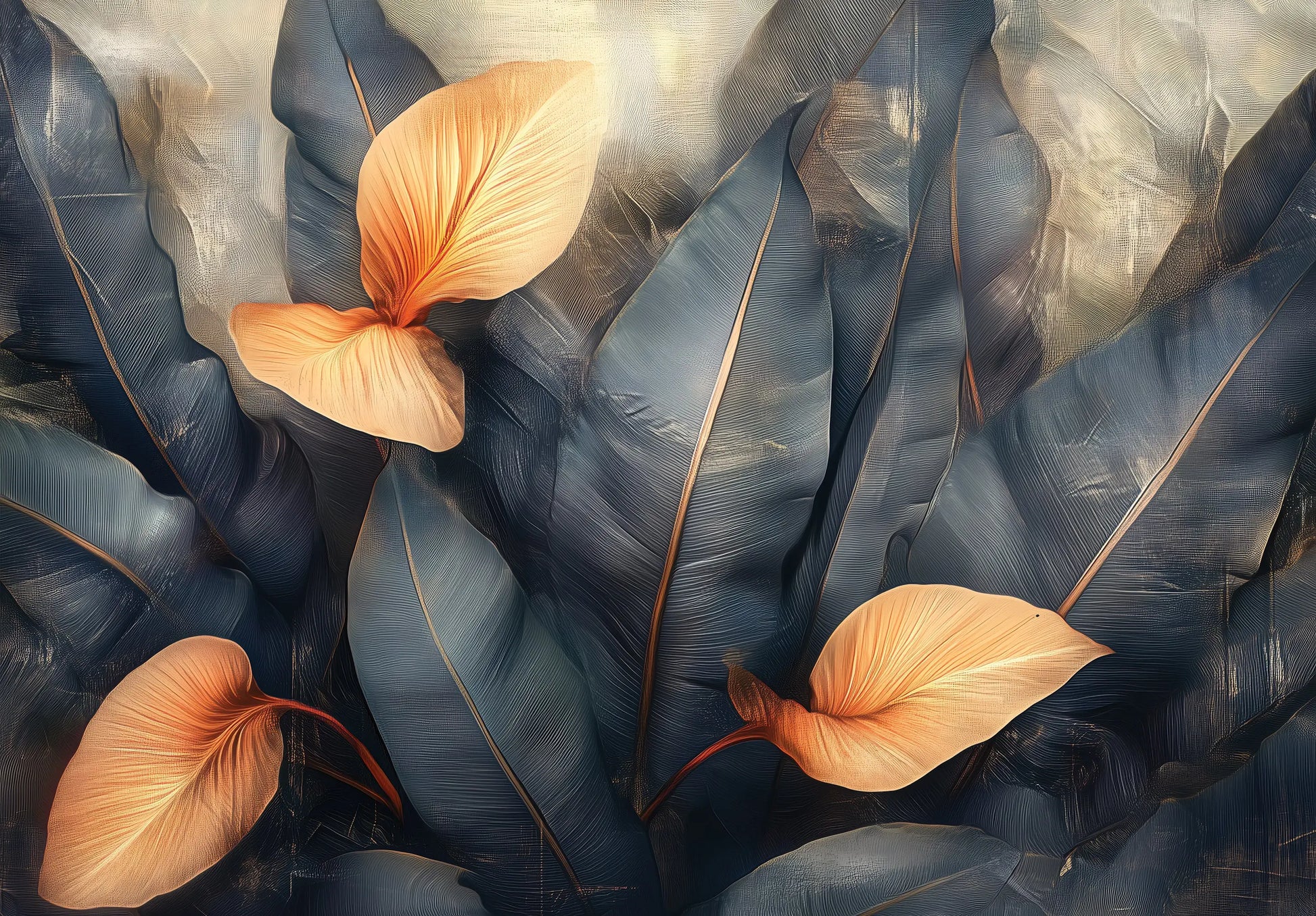 Close-up of large blue leaves with a few orange leaves on a light gray  background