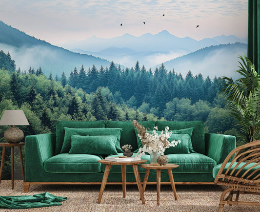 view of mountains and trees photo wallpaper