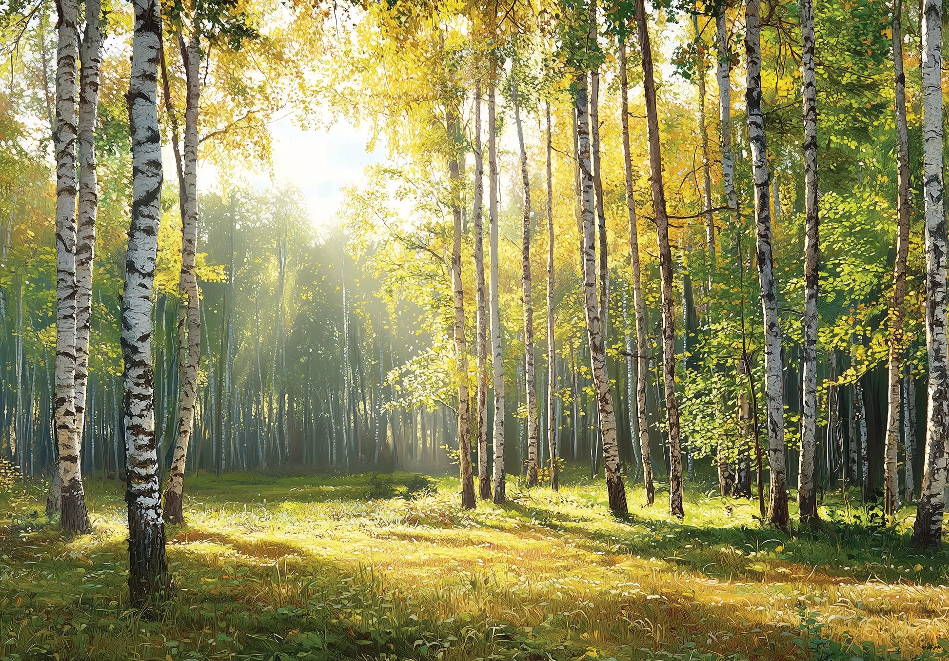 Birch forest with sunlight filtering through the trees wallpaper mural