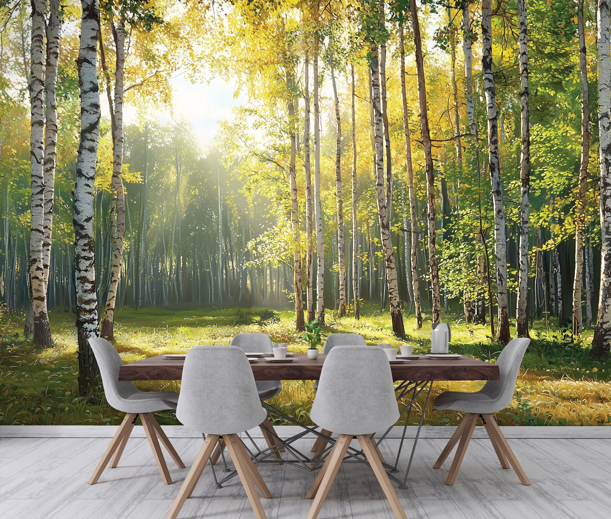 Room featuring a forest wall mural