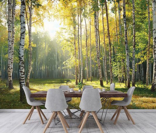 Room featuring a forest wall mural
