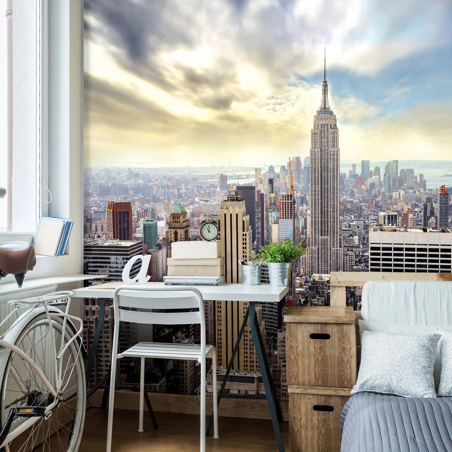 Room interior with a cityscape view photo wallpaper