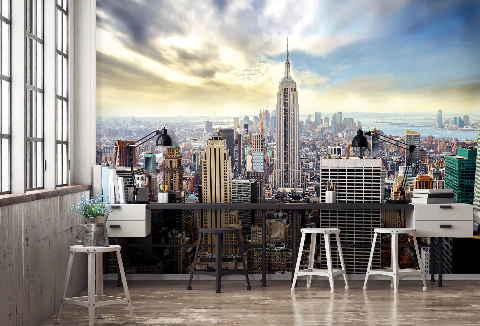 Modern office setup with a cityscape wall mural