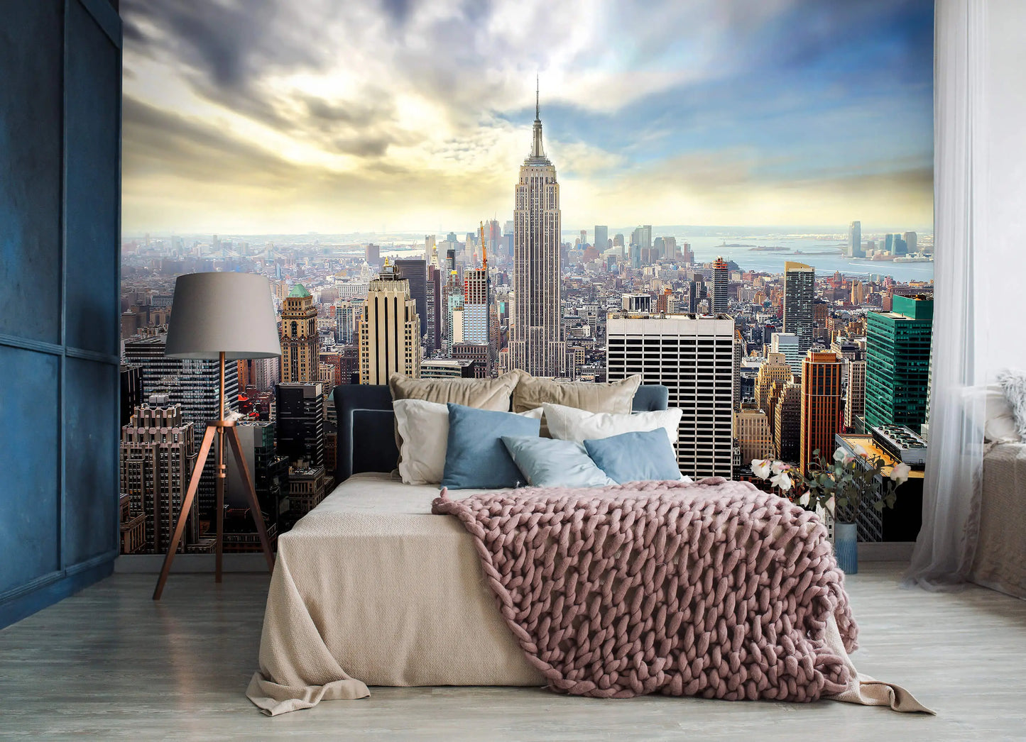 Modern bedroom with a cityscape view photo wallpaper