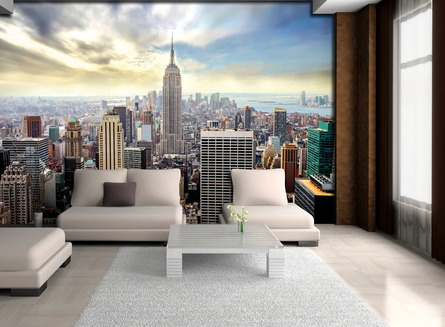 Modern living room with a cityscape mural on the wall