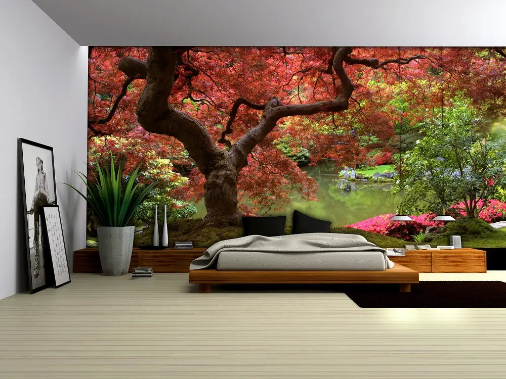 Modern bedroom with a large wall mural of a garden scene.