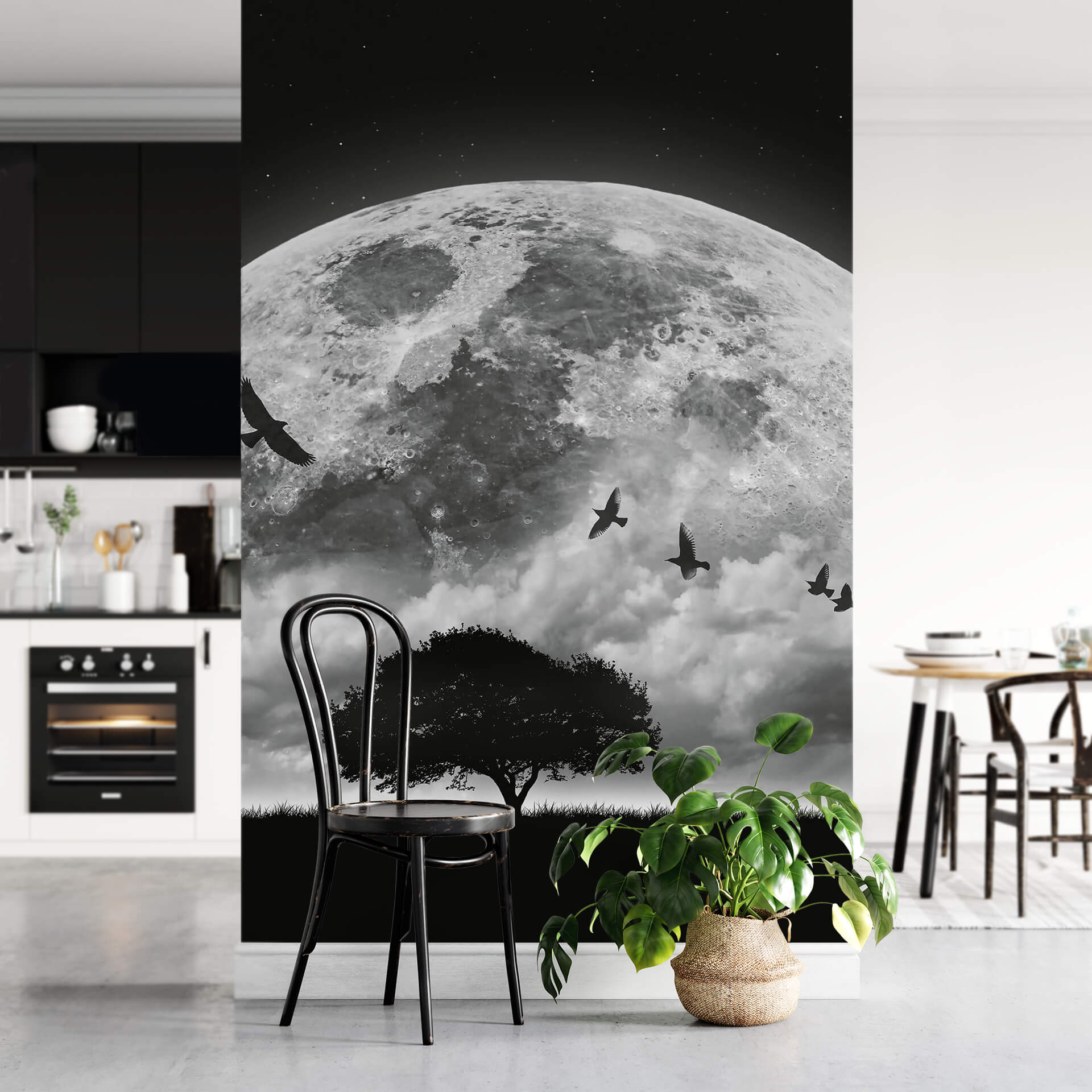 Moon and Birds Black Cosmos Astronomy Wallpaper Mural