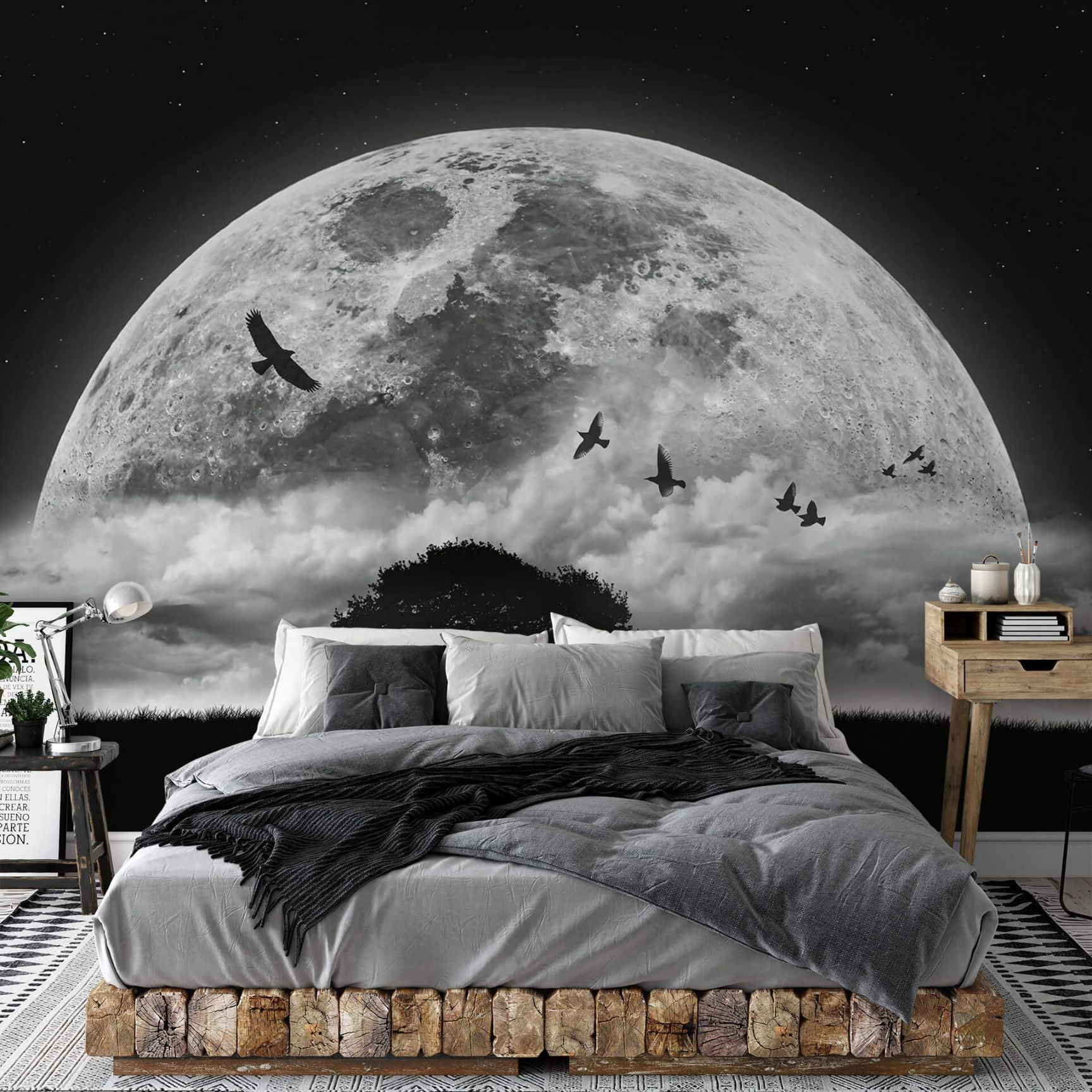 Moon and Birds Black Cosmos Astronomy Wallpaper Mural