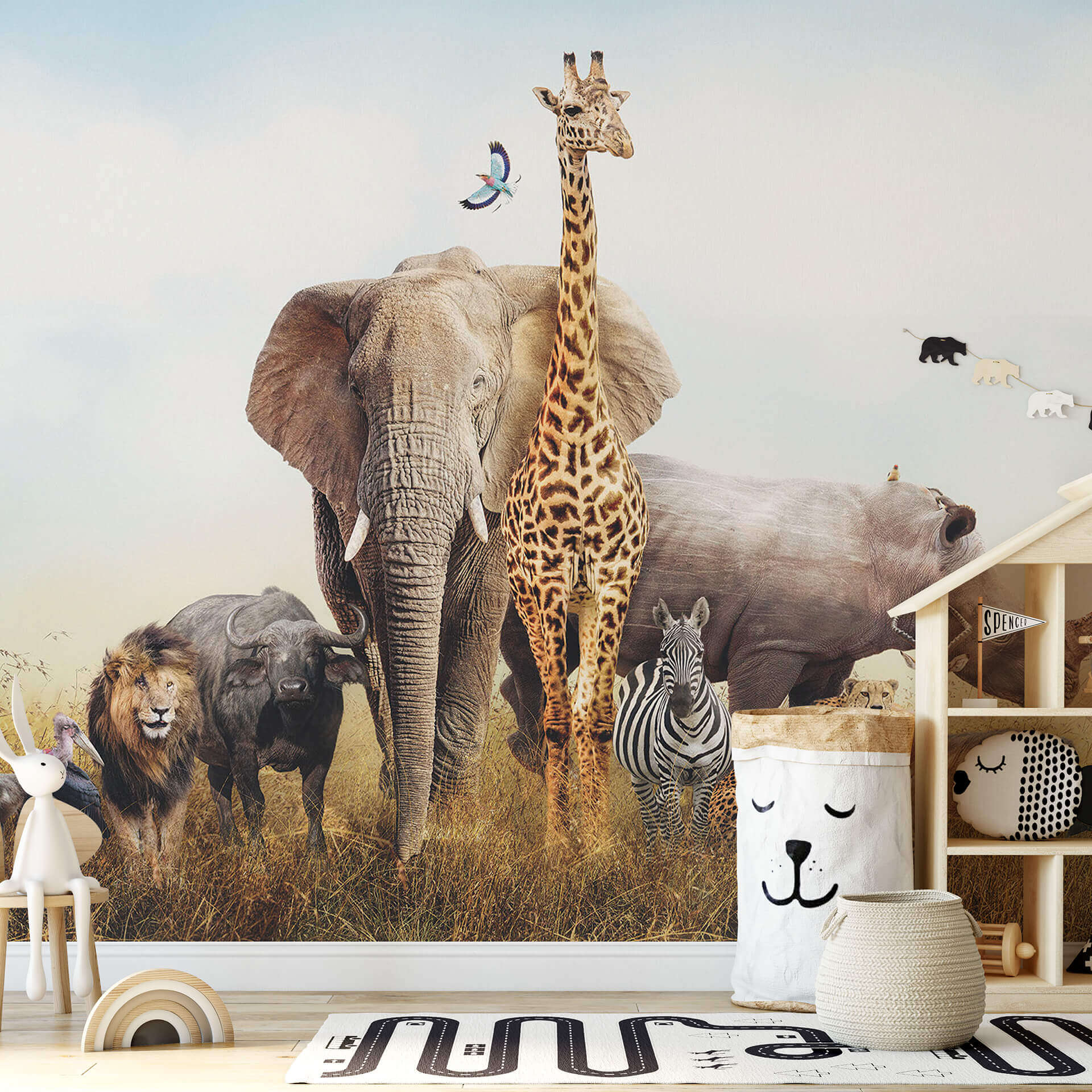 Wild animals: elephant, giraffe, rhino, lion. Safari photo wallpaper