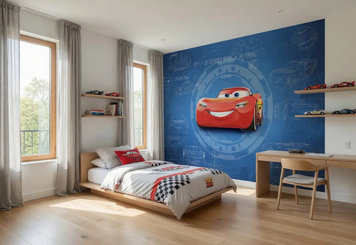Disney Cars Lightning Mcqueen Blue Kids Bedroom Photo Wallpaper (W x H) 368cm x 254cm (144" x 100")