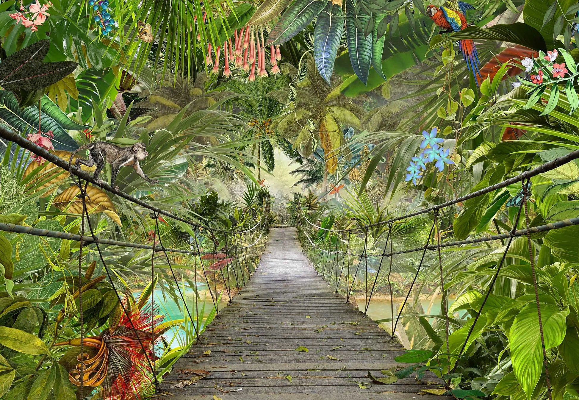 Hanging Rope Bridge in Jungle Photo Wallpaper