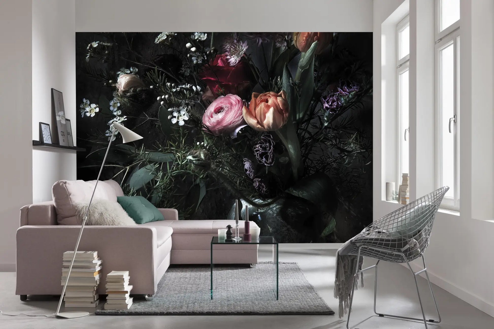 Black Floral Composition Living Room Background Photo Wallpaper