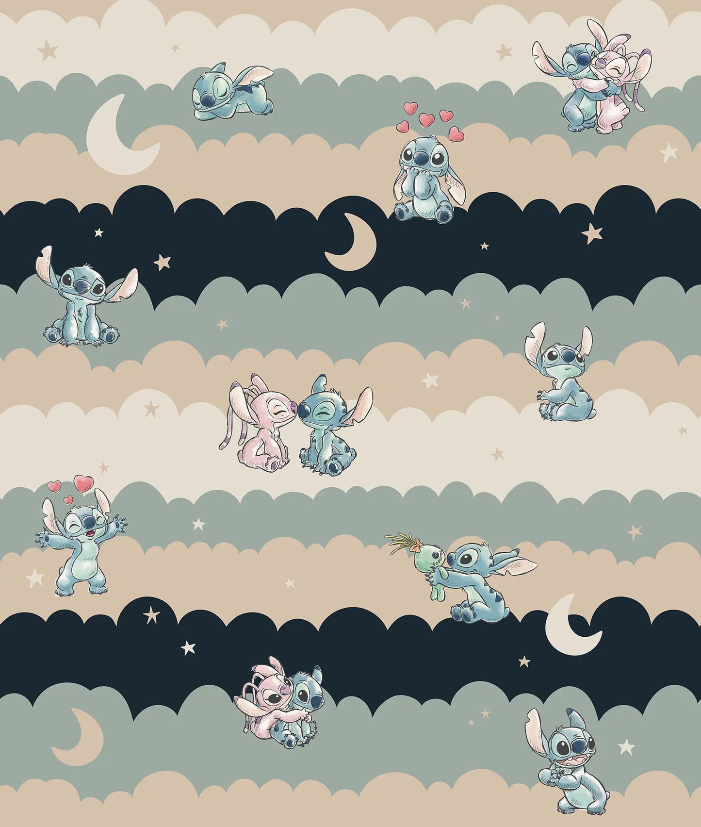 Cartoon character pattern with blue and pink elements on a striped background