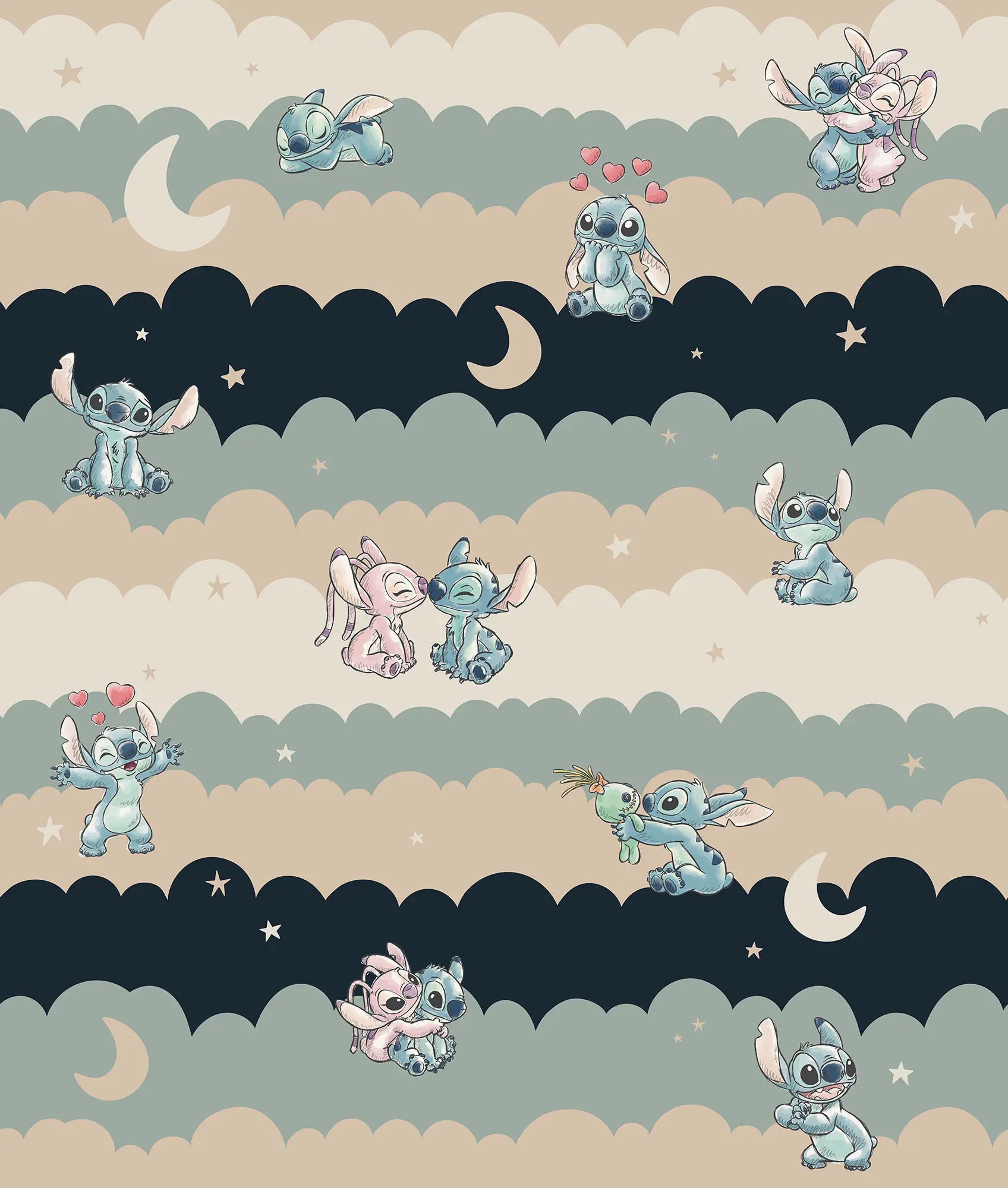 Cartoon character pattern with blue and pink elements on a striped background