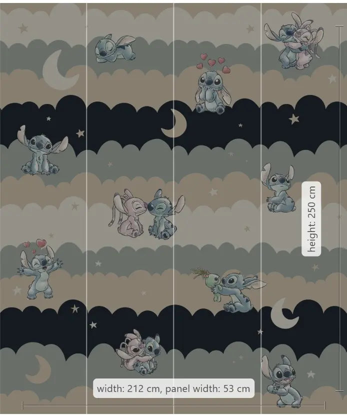 Pattern of cartoon characters on a dark background with text indicating dimensions.