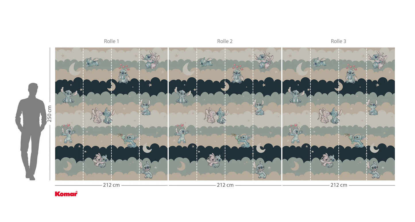 Measurement chart of a Komar wallpaper roll with a person silhouette for scale.