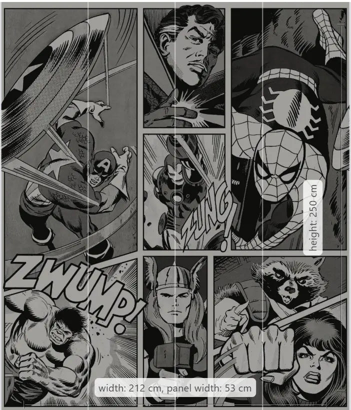 Comic book panel layout with superhero characters and action poses.