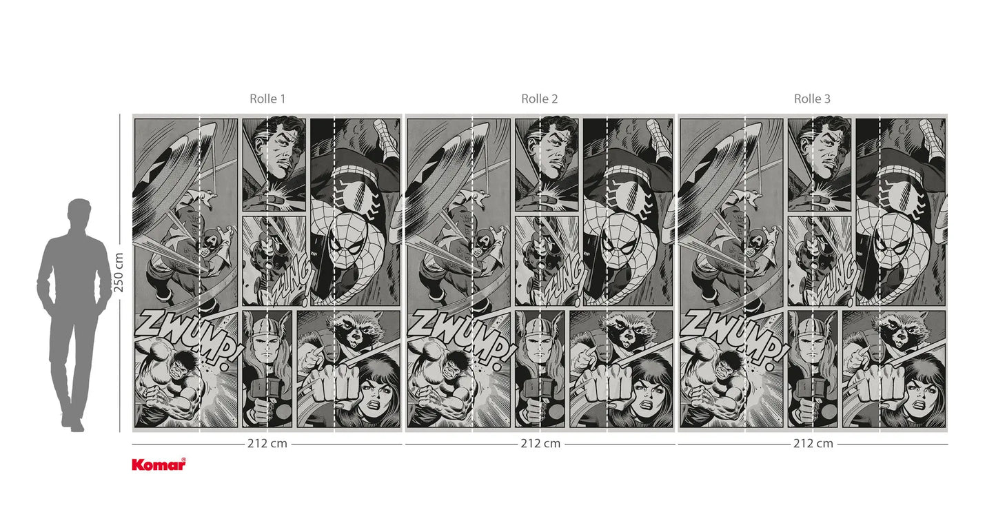Comic book layout with panels and a character silhouette for scale, featuring the Komar brand.